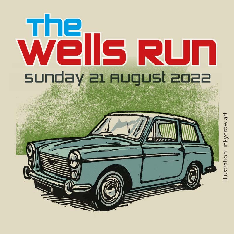 The Wells Run graphic show an Austin A40 Farina